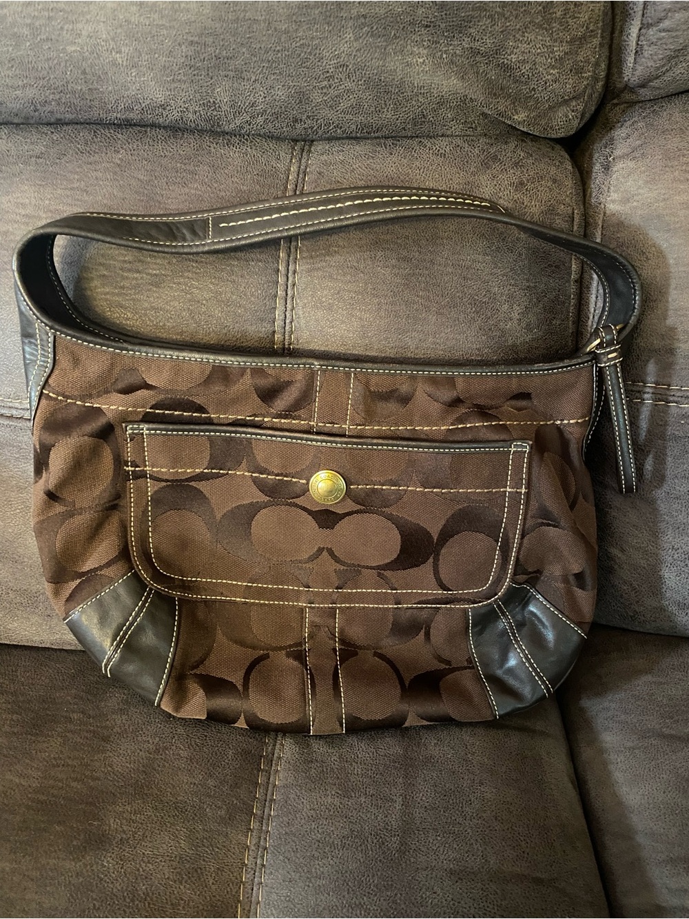 Coach Brown Signature Canvas Shoulder Bag with Dark Trim